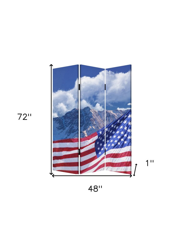 72" Red White And Blue American Flag Reversible Canvas Folding Three Panel Room Divider