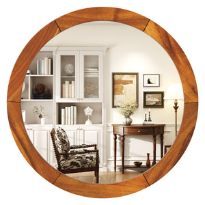 27 Inch Round Wall Mirror with Solid Acacia Wood Frame-Brown