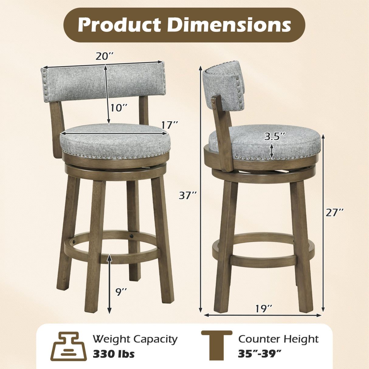27/31 Inch Swivel Bar Stool with Upholstered Back Seat and Footrest-27 inches