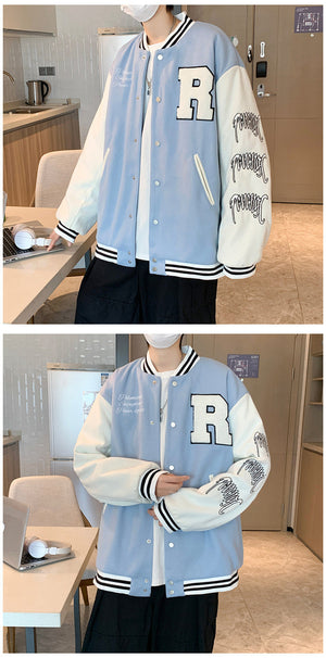 New Elegance Spring Autumn Coat Baseball Bomber Jacket Loose Letter R Men Women Couples Tops Plus Size Jackets Streetwear