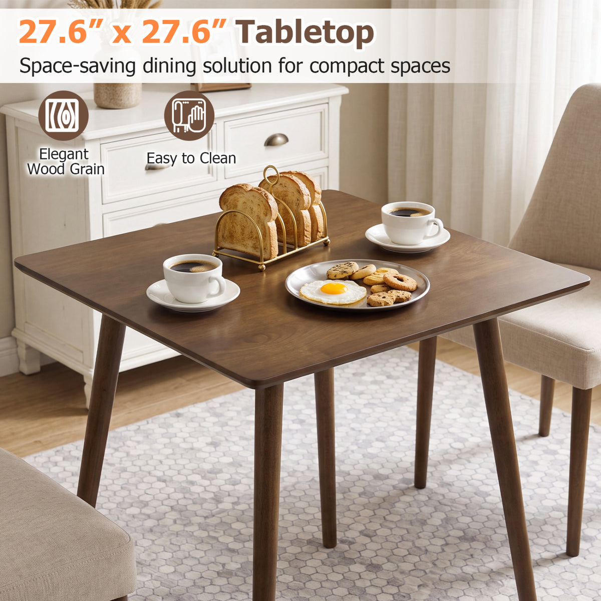 27.5 Inch Small Square Wooden Dining Table for 2-4 People Space-Saving Dining Room Table-Walnut