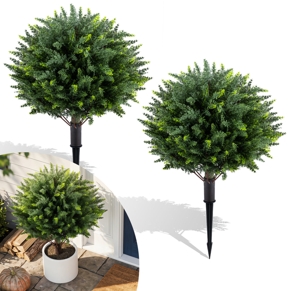 27.5 inch Artificial Cypress Topiary Trees with Ground Spikes Set of 2