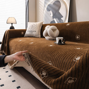 Chenille Camellia Floral Sofa Throw Cover Couch Blanket with Striped Jacquard