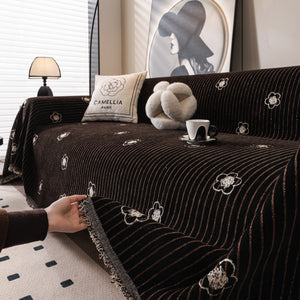 Chenille Camellia Floral Sofa Throw Cover Couch Blanket with Striped Jacquard