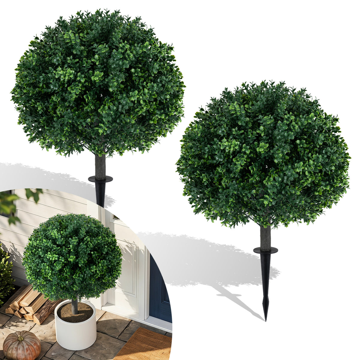27" Artificial Boxwood Topiary Trees Set of 2 with Ground Spikes for Porch Patio