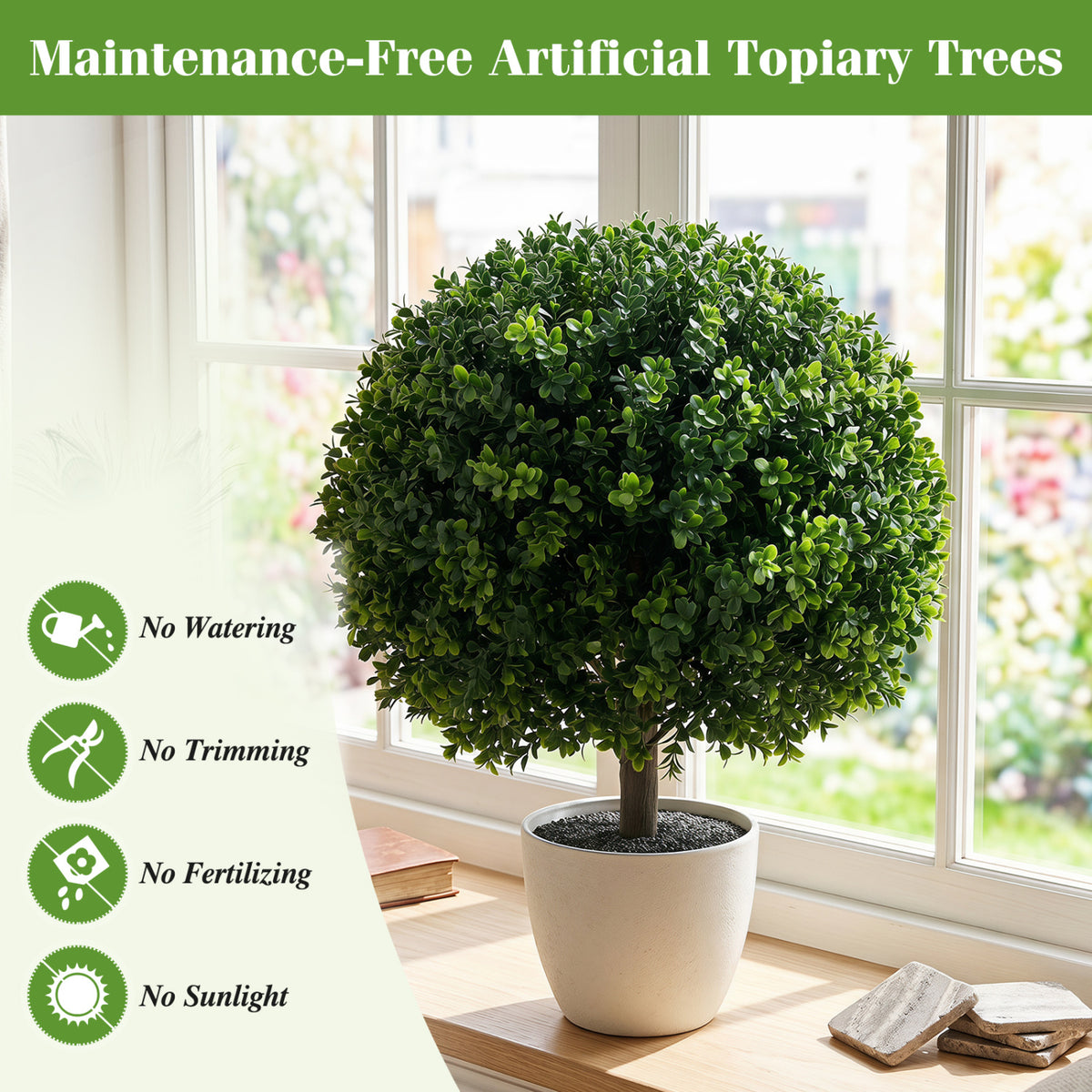 27" Artificial Boxwood Topiary Trees Set of 2 with Ground Spikes for Porch Patio