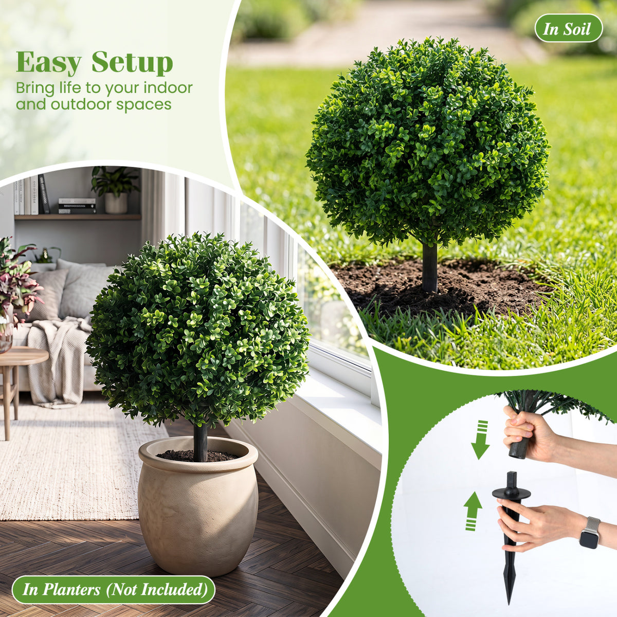 27" Artificial Boxwood Topiary Trees Set of 2 with Ground Spikes for Porch Patio