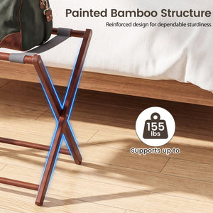 27" Bamboo Luggage Rack Set of 2 with 5 Nylon Straps and Compartments for Hotel-Walnut & Gray