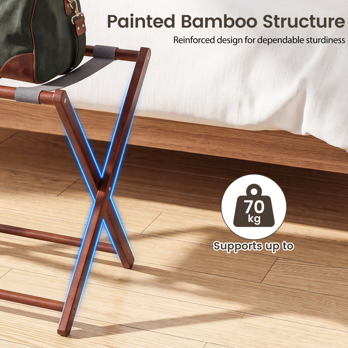 27" Bamboo Luggage Rack Set of 2 with 5 Nylon Straps and Compartments for Hotel-Walnut & Gray