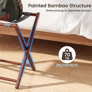 27" Bamboo Luggage Rack Set of 2 with 5 Nylon Straps and Compartments for Hotel-Walnut & Gray