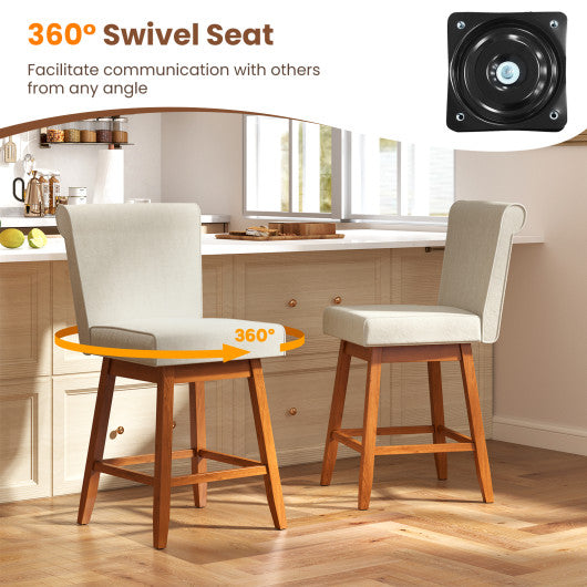 27 Inch Counter Height Bar Chairs with Rubber Wood Legs Set of 2-Beige