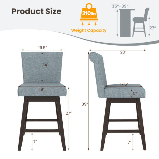 27 Inch Counter Height Bar Chairs with Rubber Wood Legs Set of 2-Gray
