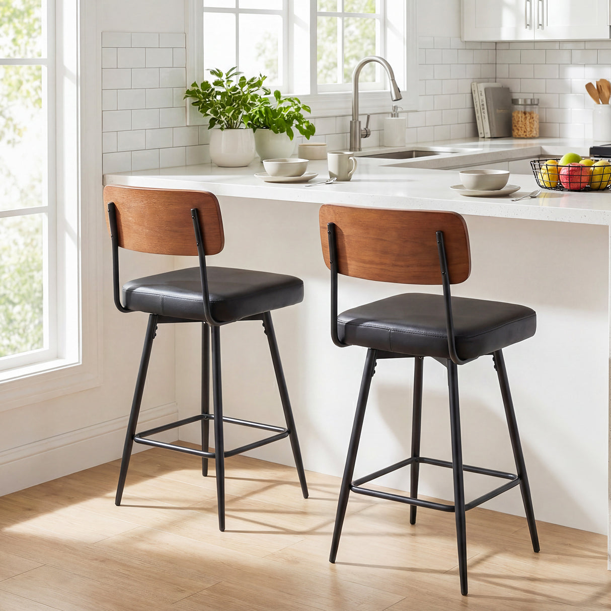 27 Inch Padded Counter Barstools Set of 2 with Metal Legs-Black
