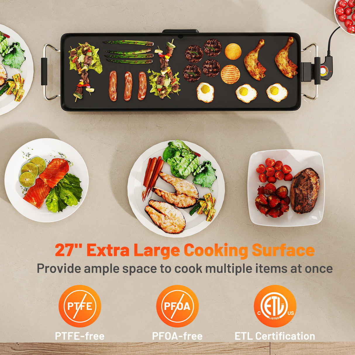 27 Inch Large Electric Griddle Nonstick BBQ Grill with Adjustable Temperature-S