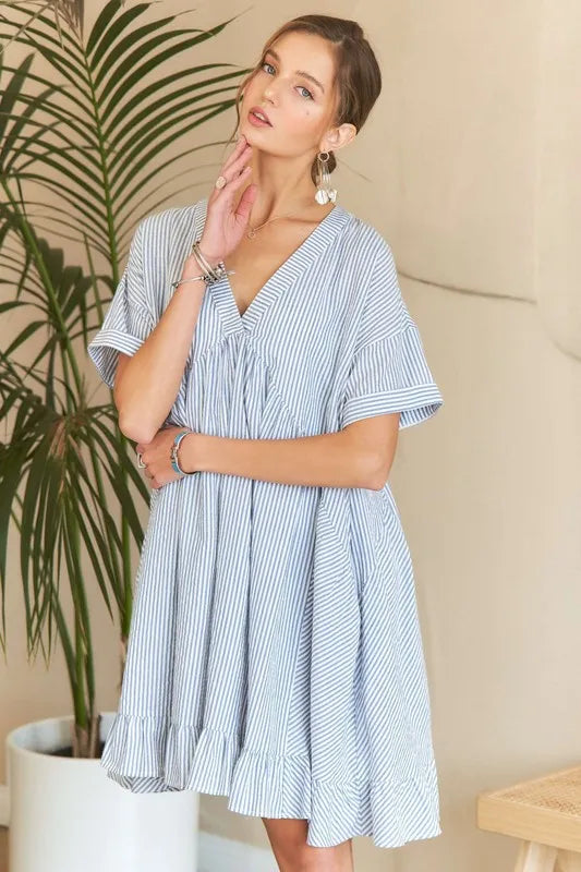 Ruffled Hem Striped V-Neck Babydoll Dress For Summer – Playful, Feminine, Fluttering, Stylish, Effortlessly Chic