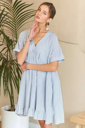 Ruffled Hem Striped V-Neck Babydoll Dress For Summer – Playful, Feminine, Fluttering, Stylish, Effortlessly Chic