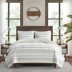3 Piece Printed Microfiber Seersucker Quilt Set Taupe/Blue Full/Queen