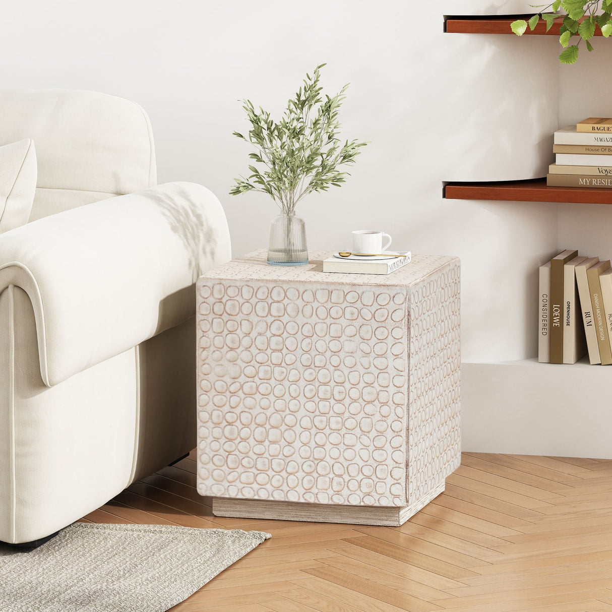 Chic Modern MGO Cube Side Table with Fluted Design - Antique Brown