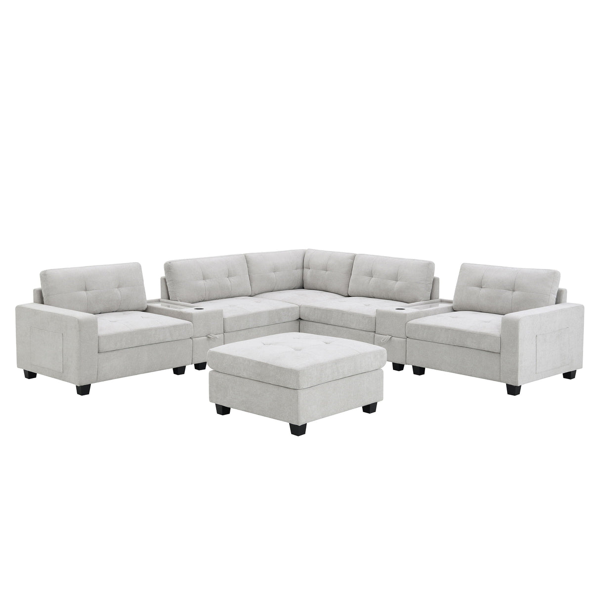 Sectional With Acrylic Table Top U Shaped Couch Set With 2 Consoles USB Charger, Storage Drawers And Pockets Movable Ottoman Tufted Sofa by Couch.com