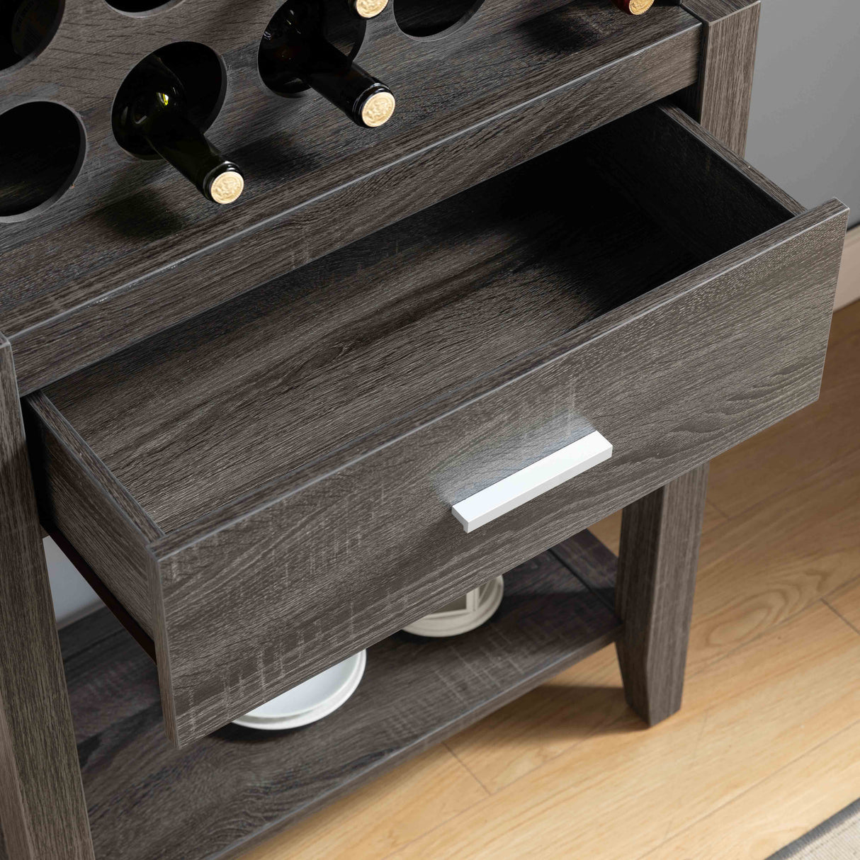 Wine Bar Cabinet, Kitchen Storage Cabinet With Drawer And Open Shelves - Distressed Gray by Couch.com