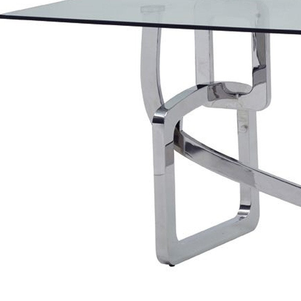 79" Clear And Silver Glass And Stainless Steel Trestle Base Dining Table