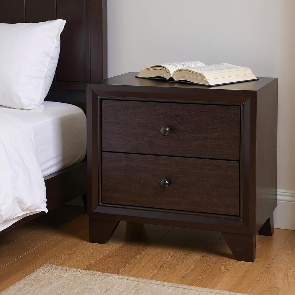 22" Espresso Two Drawers Solid Wood Nightstand