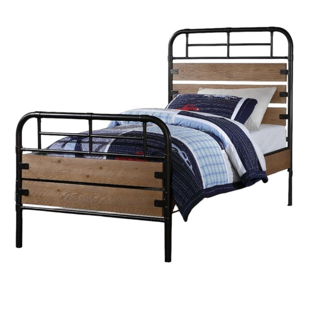 Black And Oak Shiplap Texture Wood and Metal Twin Bed Frame