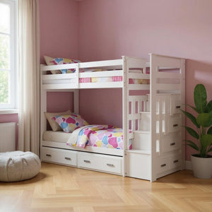 97" X 43" X 68" Twin Over Twin White Storage Ladder And Trundle  Bunk Bed