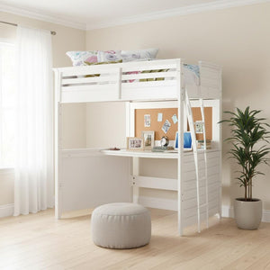 83" X 45" X 74" Twin White Poplar Wood Loft Bed With Desk