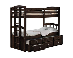 Espresso Twin Over Twin Solid Wood Bunk Bed With Trundle And Storage