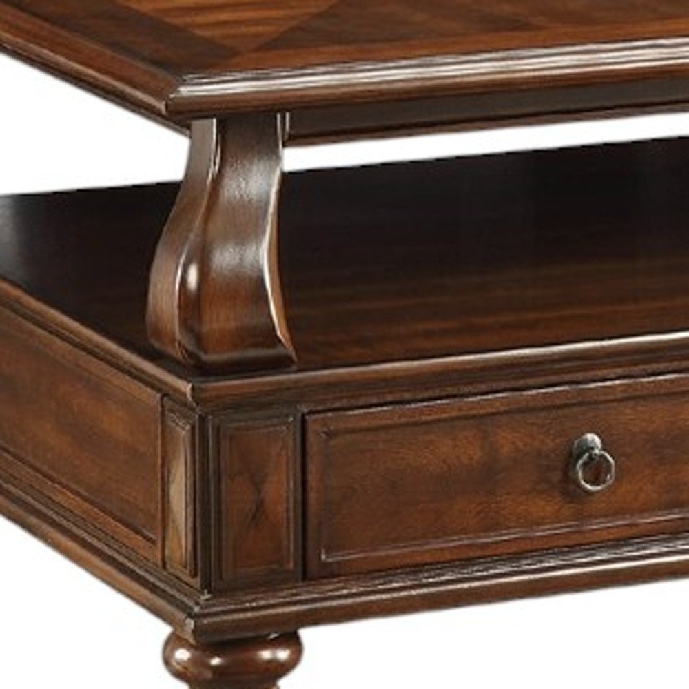 50" Dark Brown Solid Wood Coffee Table With Two Drawers And Shelf