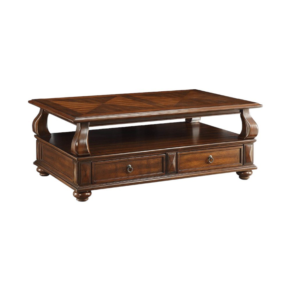 50" Dark Brown Solid Wood Coffee Table With Two Drawers And Shelf