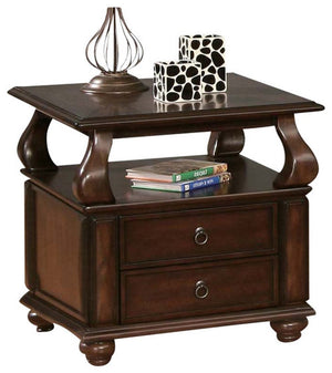 26" Brown Solid Wood Square End Table With Two Drawers And Shelf