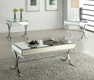 42" Clear and Silver Mirrored Glass And Iron Sled Coffee Table