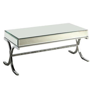 42" Clear and Silver Mirrored Glass And Iron Sled Coffee Table