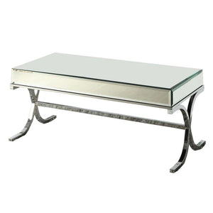 42" Clear and Silver Mirrored Glass And Iron Sled Coffee Table