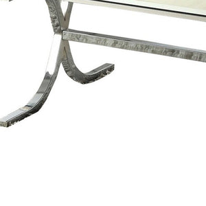 42" Clear and Silver Mirrored Glass And Iron Sled Coffee Table
