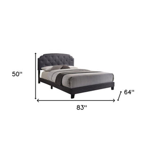 Gray Wood And Tufted Linen Queen Bed Frame with Nailhead Trim