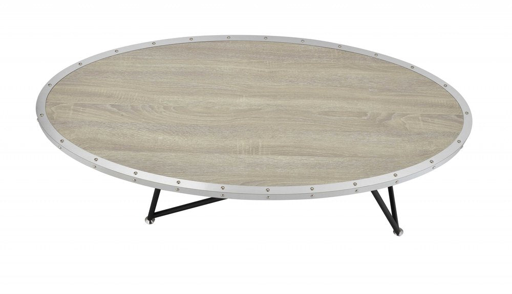 46" Natural and Black Wood And Iron Round Abstract Coffee Table