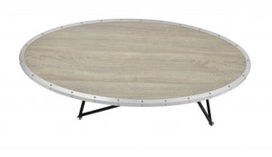 46" Natural and Black Wood And Iron Round Abstract Coffee Table