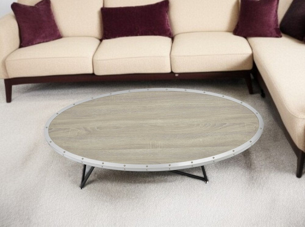 46" Natural and Black Wood And Iron Round Abstract Coffee Table
