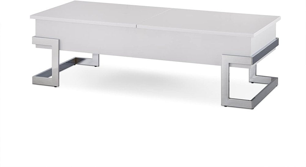 47" White and Silver Wood And Metal Lift Top Sled Coffee Table