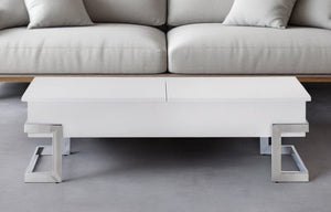47" White and Silver Wood And Metal Lift Top Sled Coffee Table