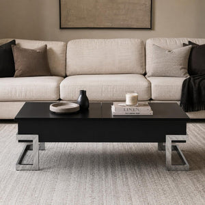 47" Black and Silver Wood And Iron Lift Top Sled Coffee Table