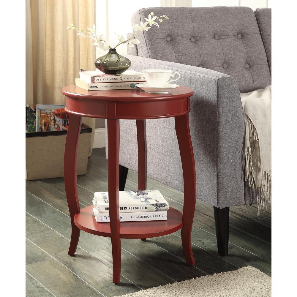 24" Red Wood Round End Table With Shelf
