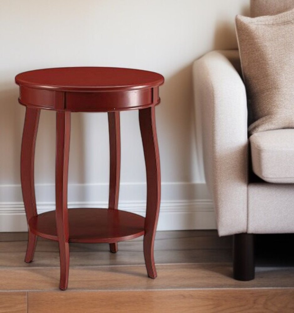 24" Red Wood Round End Table With Shelf