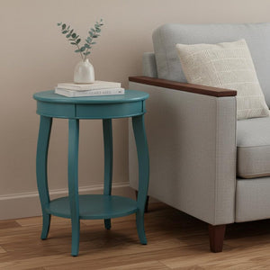 24" Red Wood Round End Table With Shelf