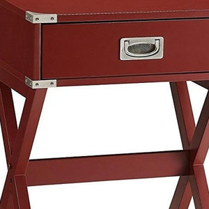 24" Red Wood Cross Legs End Table With Drawer