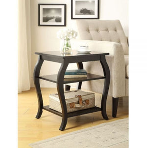 23" Black Wood Bow Leg End Table With Two Shelves
