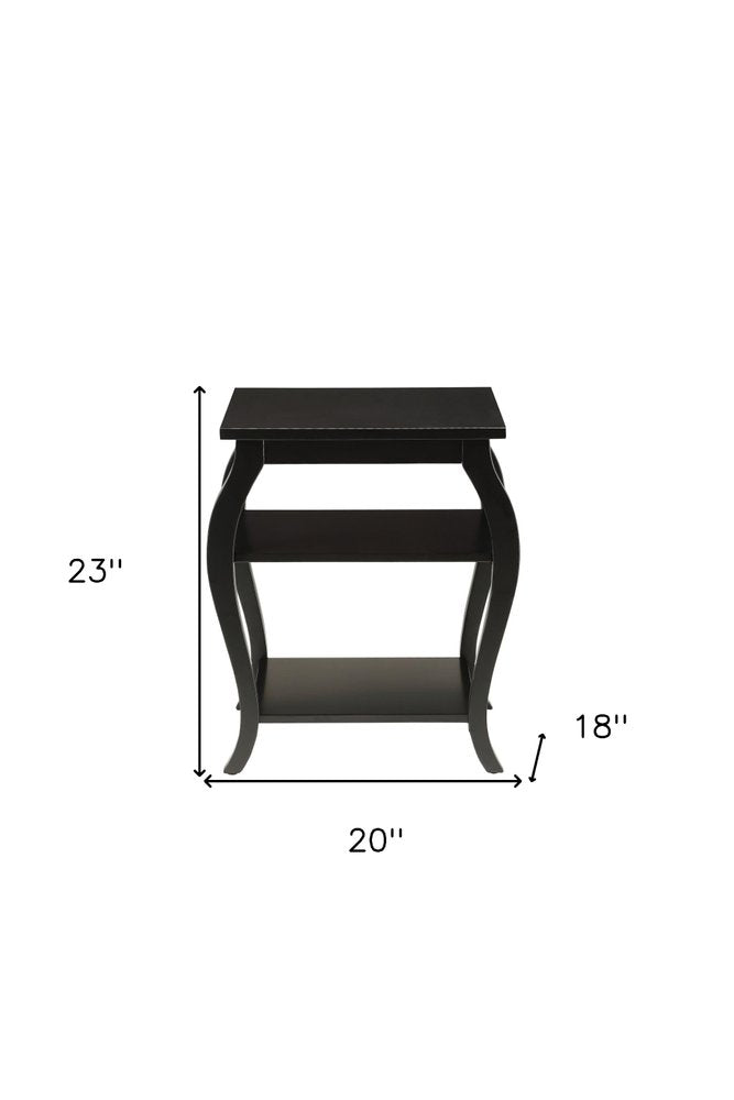 23" Black Wood Bow Leg End Table With Two Shelves
